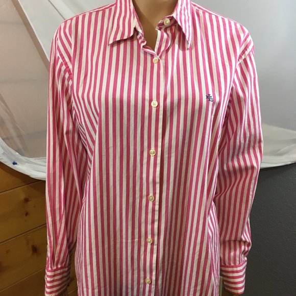 Lauren Ralph Lauren Tops - Pink/White Striped L/S Button Down Blouse Sz. 14